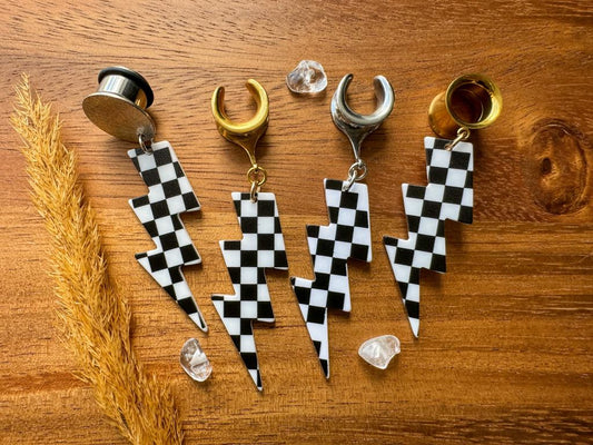 Checkered Lighting Bolts Plug Earrings