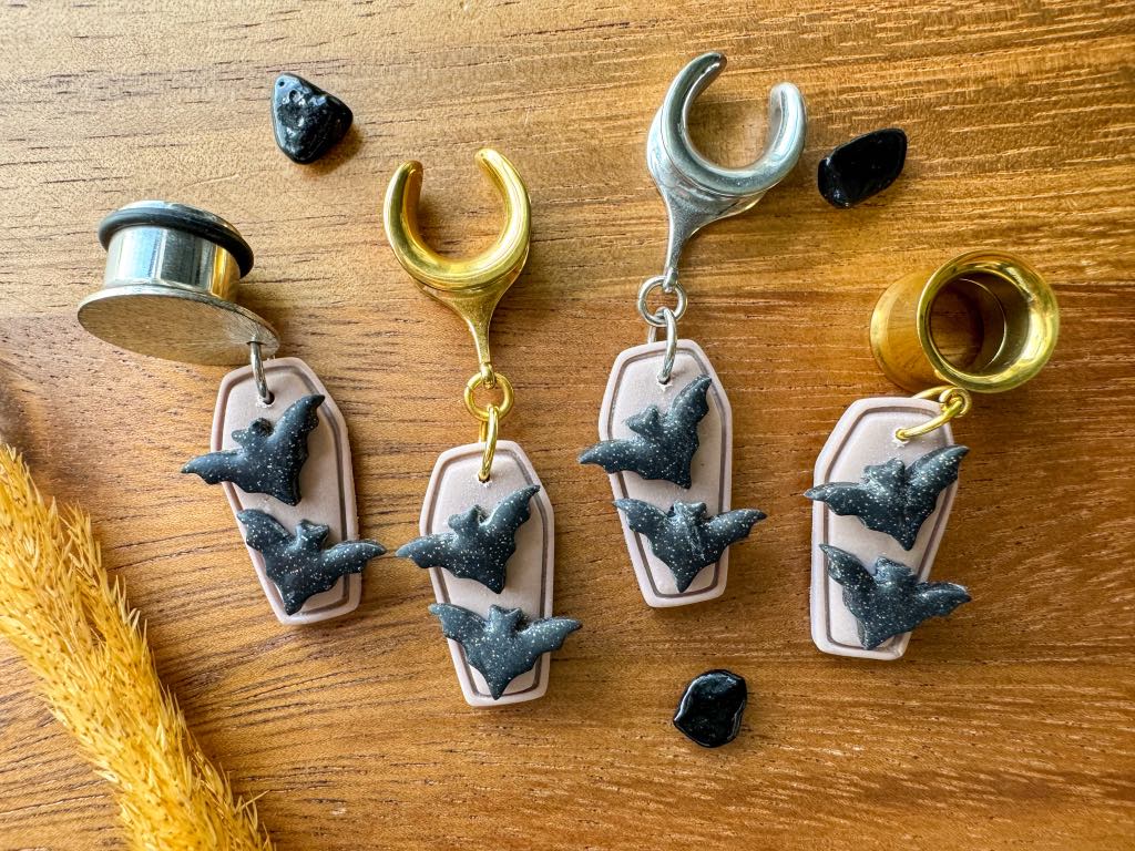 Clay Coffins w/ Bats Plug Earrings