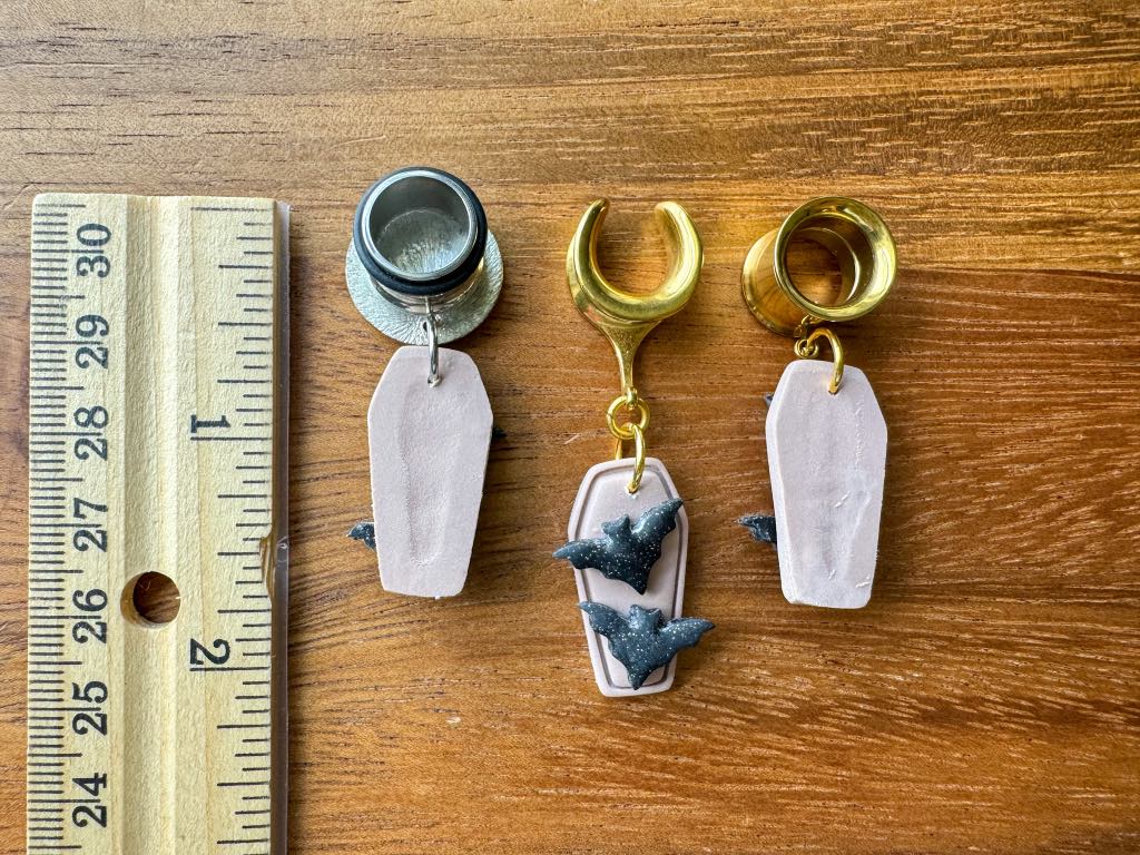 Clay Coffins w/ Bats Plug Earrings