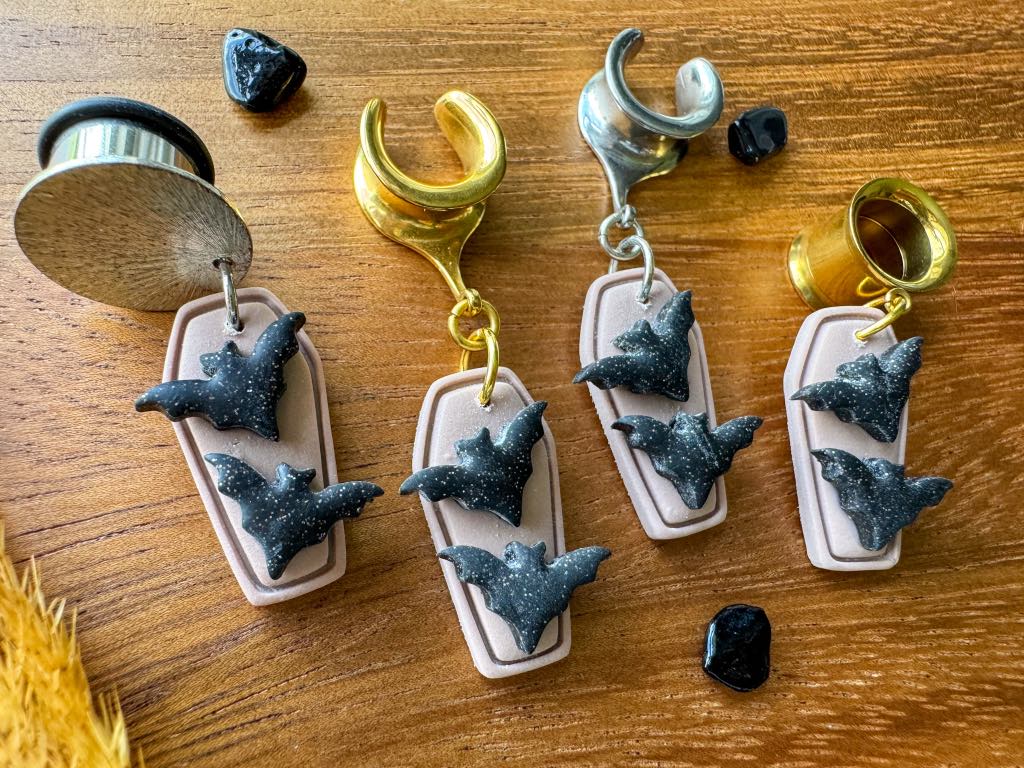 Clay Coffins w/ Bats Plug Earrings