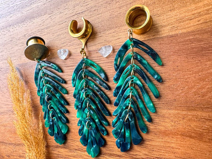 Dark Green Summer Palm Leaves Plug Earrings