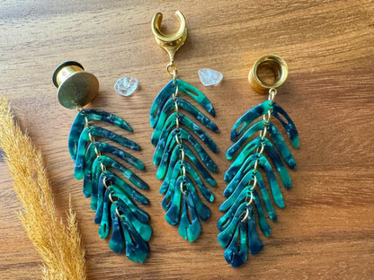 Dark Green Summer Palm Leaves Plug Earrings