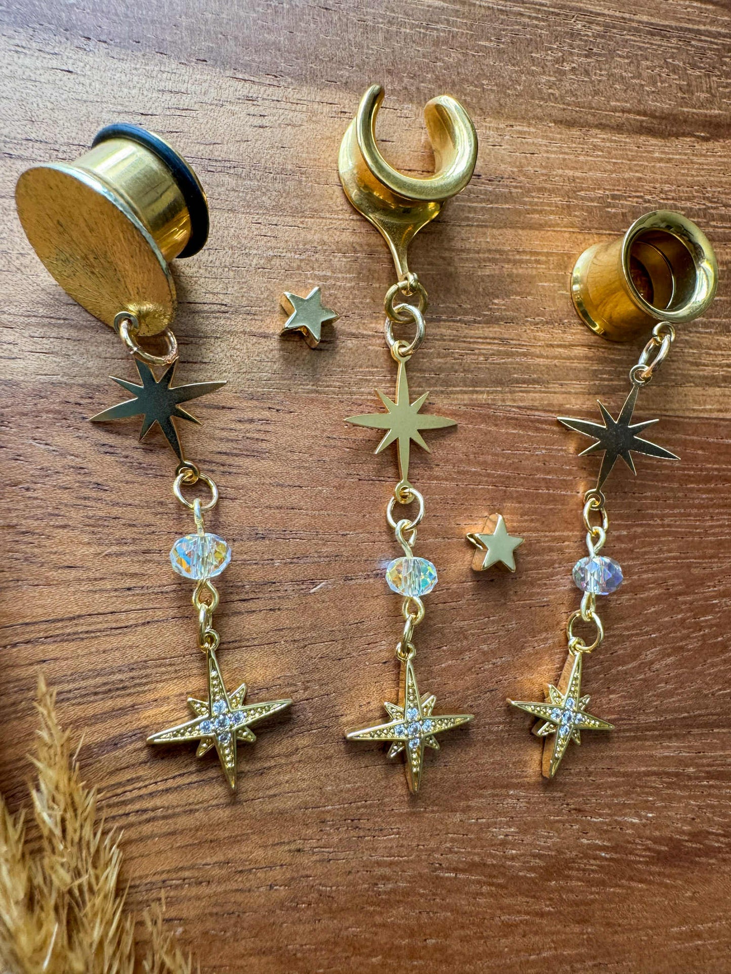 Delicate Golden Star Dangles Plug Earrings
