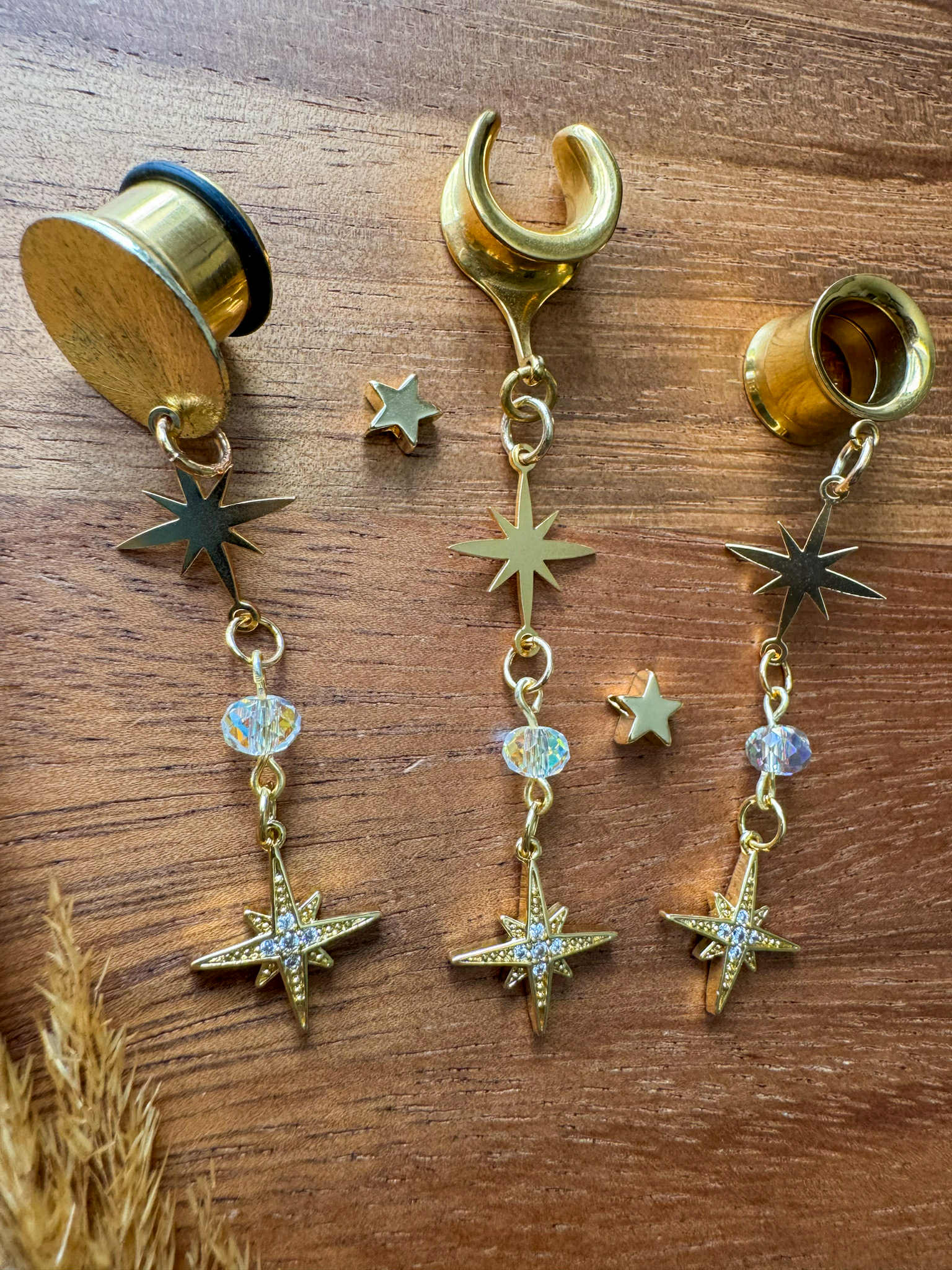 Delicate Golden Star Dangles Plug Earrings