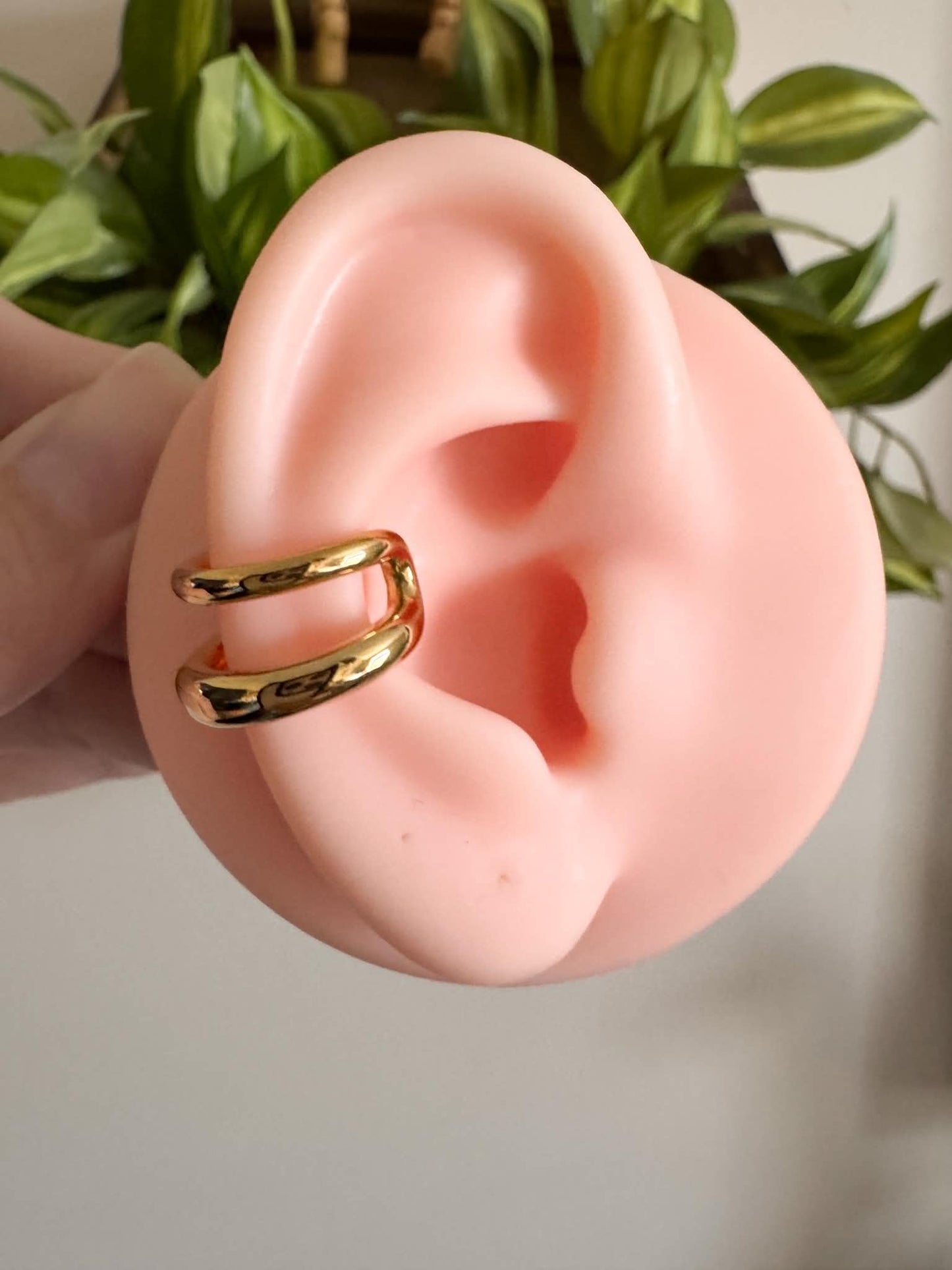 gold double band ear cuff with a minimalist stacked design, no piercing required.