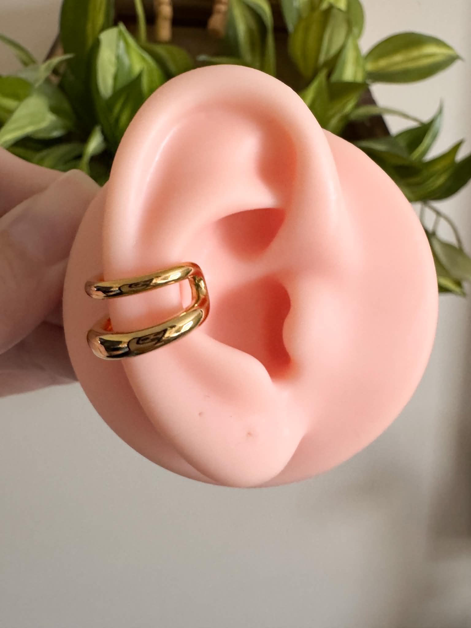 gold double band ear cuff with a minimalist stacked design, no piercing required.