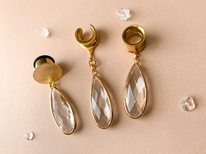 Gold Crystal Tear Drops Plug Earrings