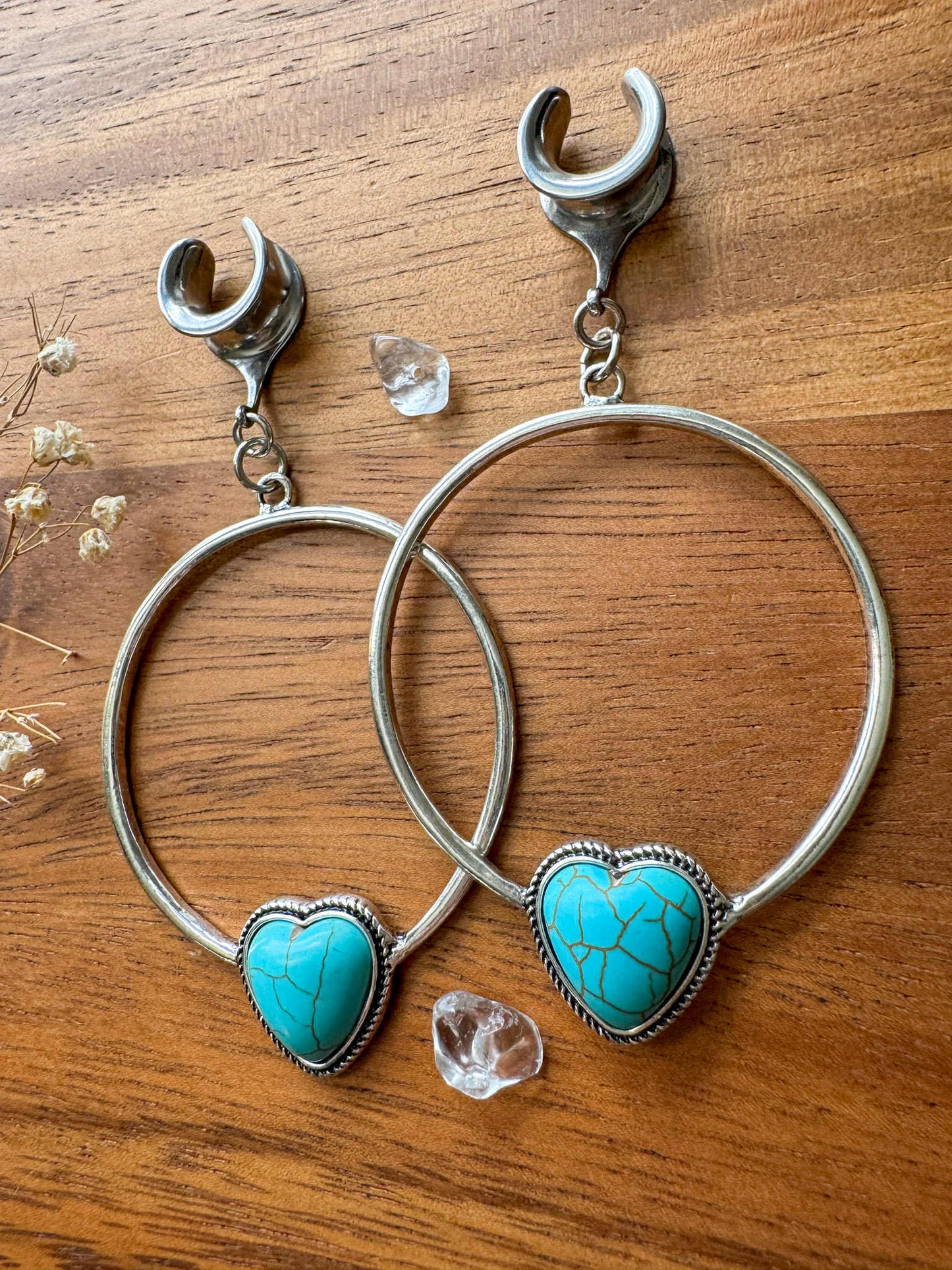 Faux Turquoise Heart Hoops Plug Earrings