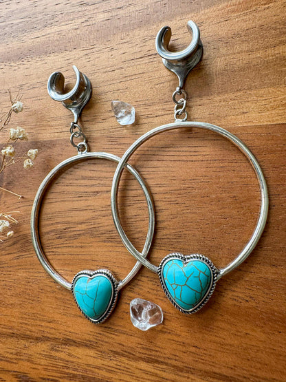 Faux Turquoise Heart Hoops Plug Earrings