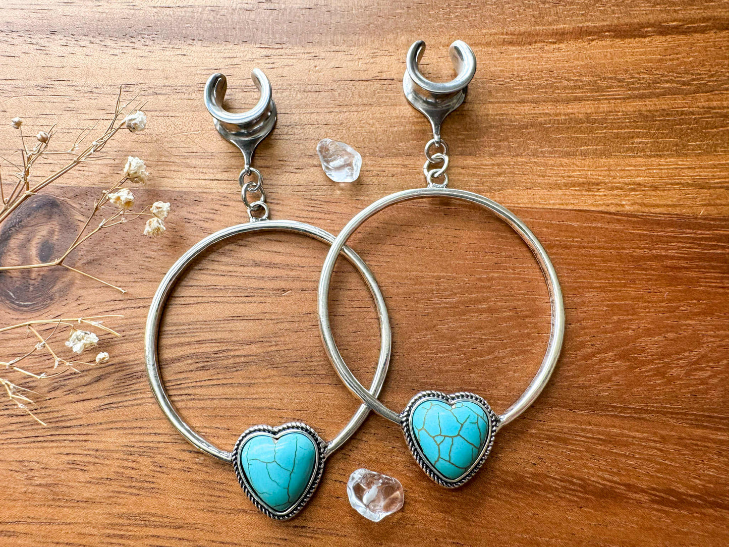 Faux Turquoise Heart Hoops Plug Earrings