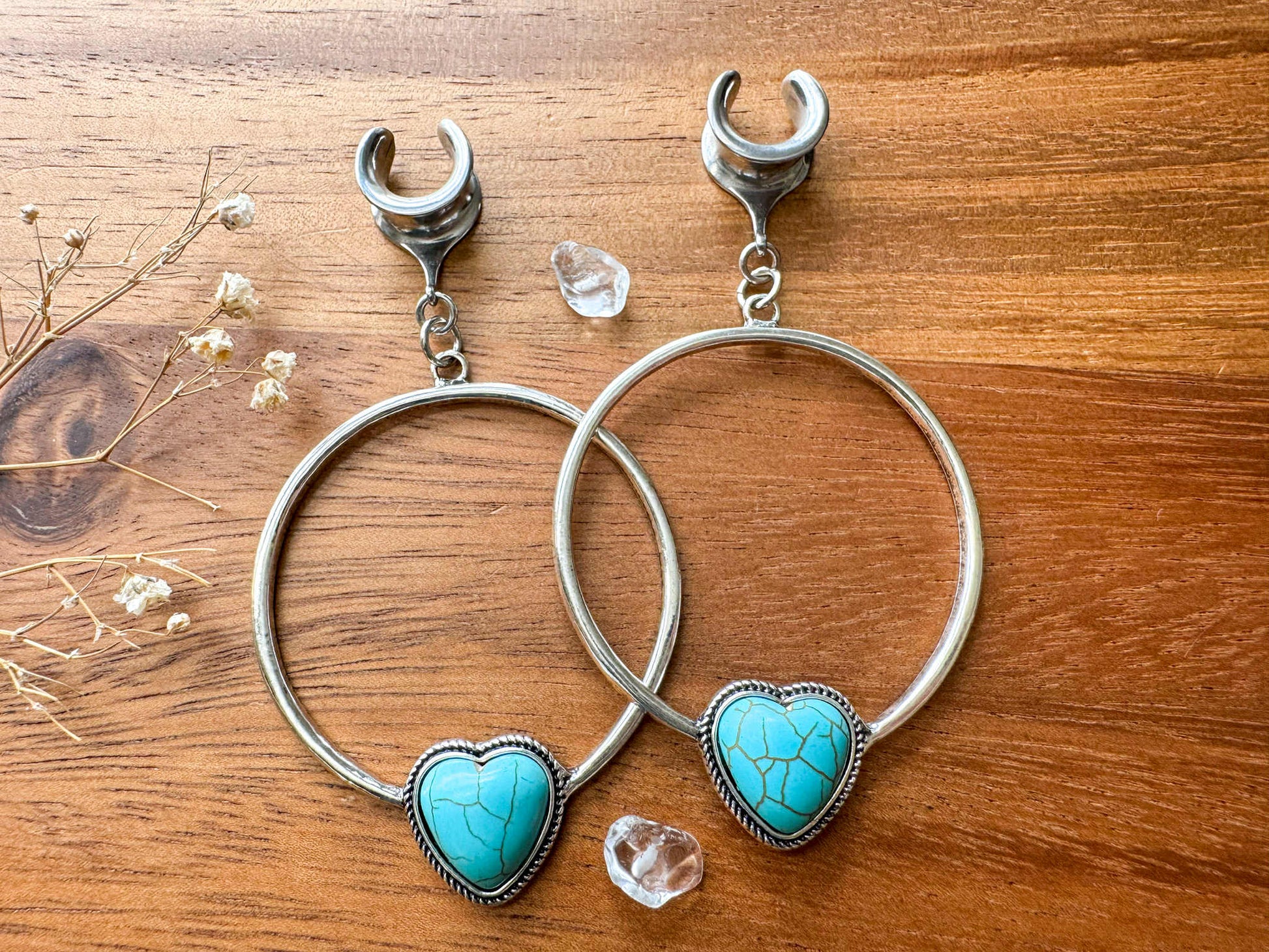 Faux Turquoise Heart Hoops Plug Earrings