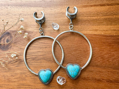 Faux Turquoise Heart Hoops Plug Earrings