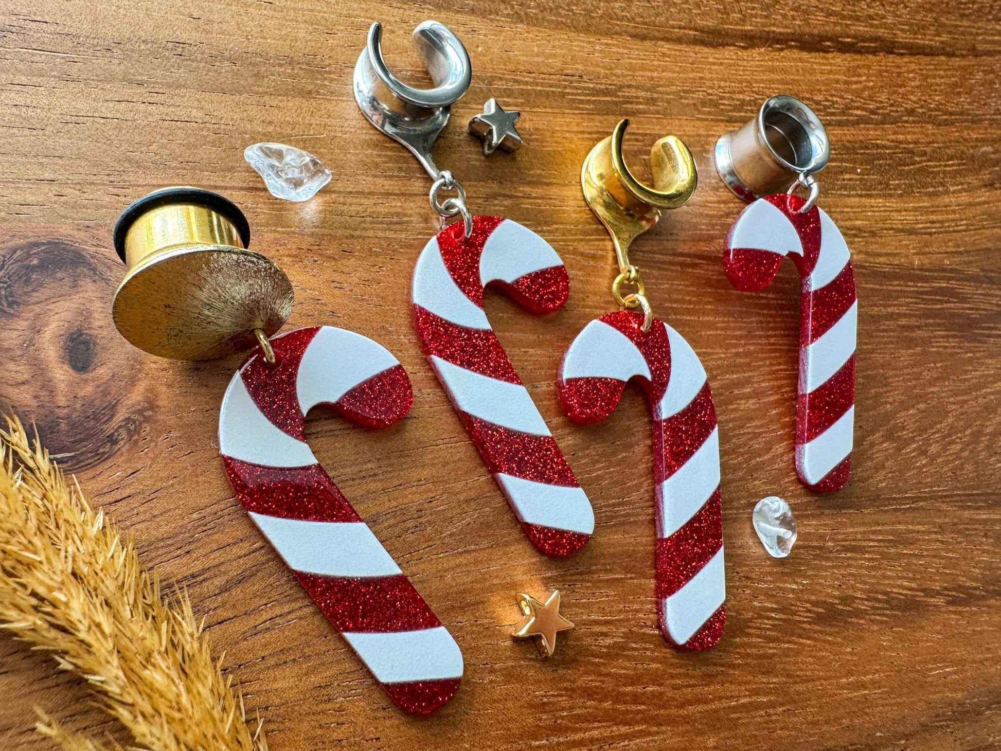 Glittery Candy Canes Plug Earrings