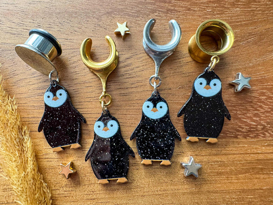 Glittery Penguin Holiday Dangles Plug Earrings