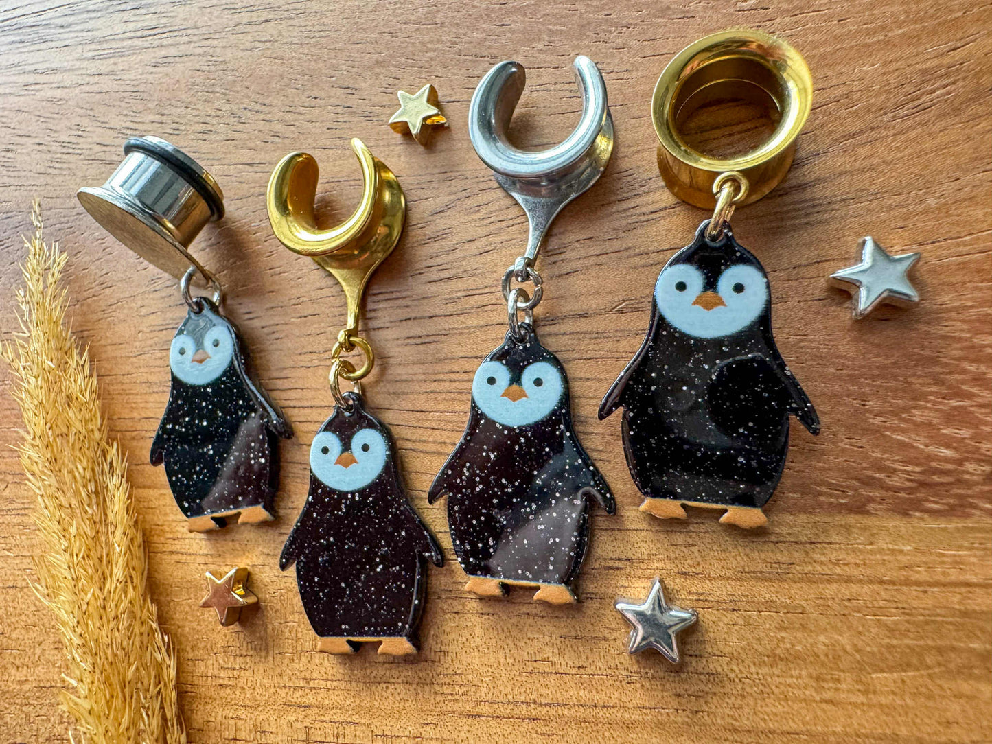 Glittery Penguin Holiday Dangles Plug Earrings