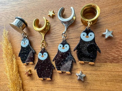 Glittery Penguin Holiday Dangles Plug Earrings