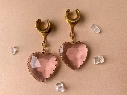 Large Pink Glass Hearts Plug Earrings