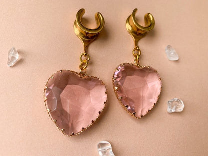 Large Pink Glass Hearts Plug Earrings