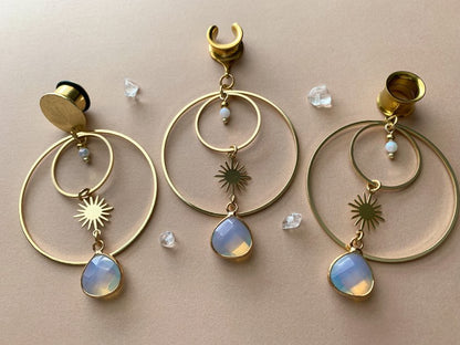 18k Double Hoops With Sun & Opalite Dangles