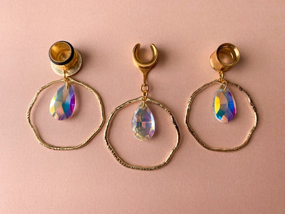 Gold Hammered Hoops With Tear Jewel Pendant