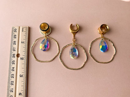Gold Hammered Hoops With Tear Jewel Pendant