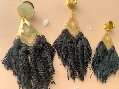 Gold Accented Black Boho Tassels Plug Earrings