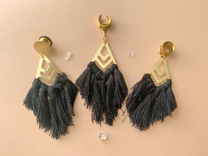 Gold Accented Black Boho Tassels Plug Earrings