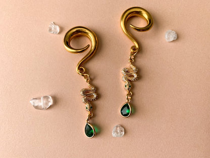 Gold Snake Charm With Zircon & Green Jewel Accents
