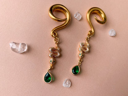Gold Snake Charm With Zircon & Green Jewel Accents