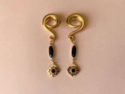 Gold Sun Dangles With Black Glass Accents