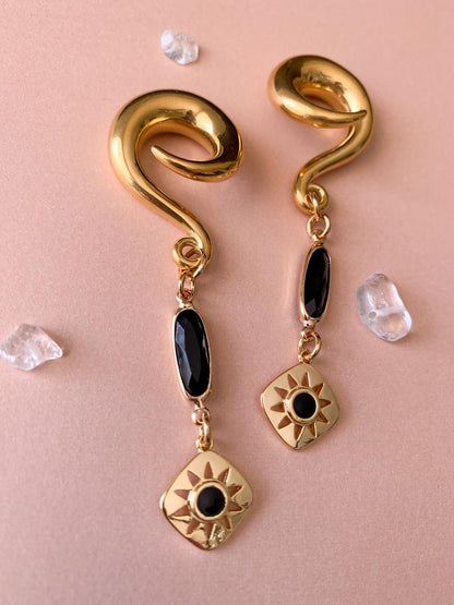 Gold Sun Dangles With Black Glass Accents