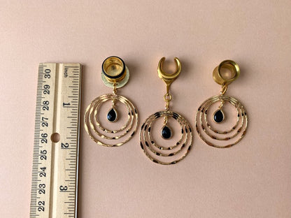 Gold Tri-Hoop With Black Glass Center Dangle