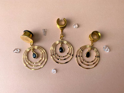 Gold Tri-Hoop With Black Glass Center Dangle Plug Earrings