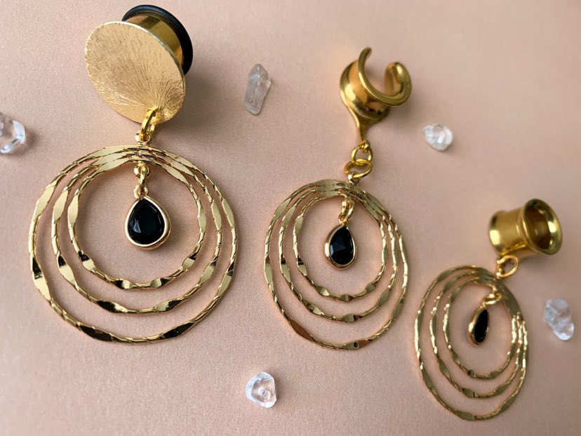 Gold Tri-Hoop With Black Glass Center Dangle