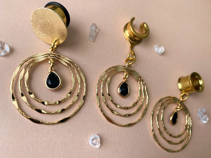 Gold Tri-Hoop With Black Glass Center Dangle Plug Earrings