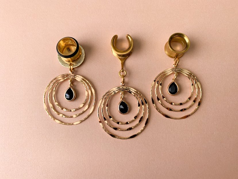 Gold Tri-Hoop With Black Glass Center Dangle