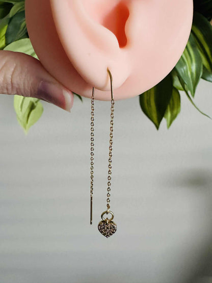 Gold Zircon Heart Threader Earrings