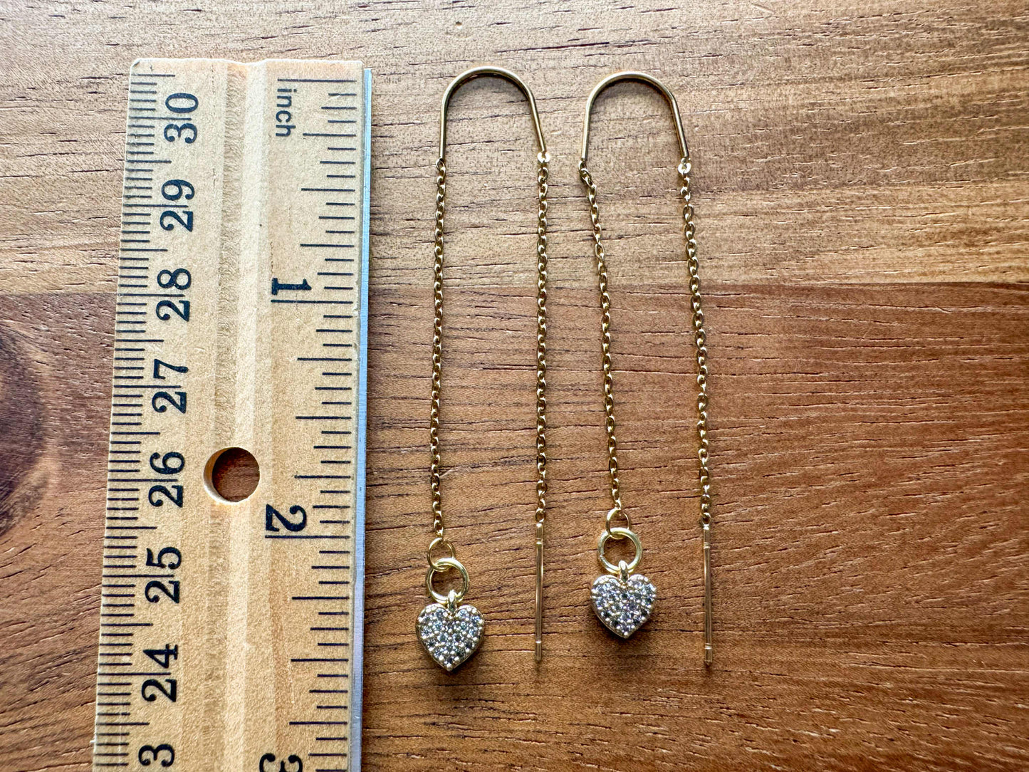Gold Zircon Heart Threader Earrings