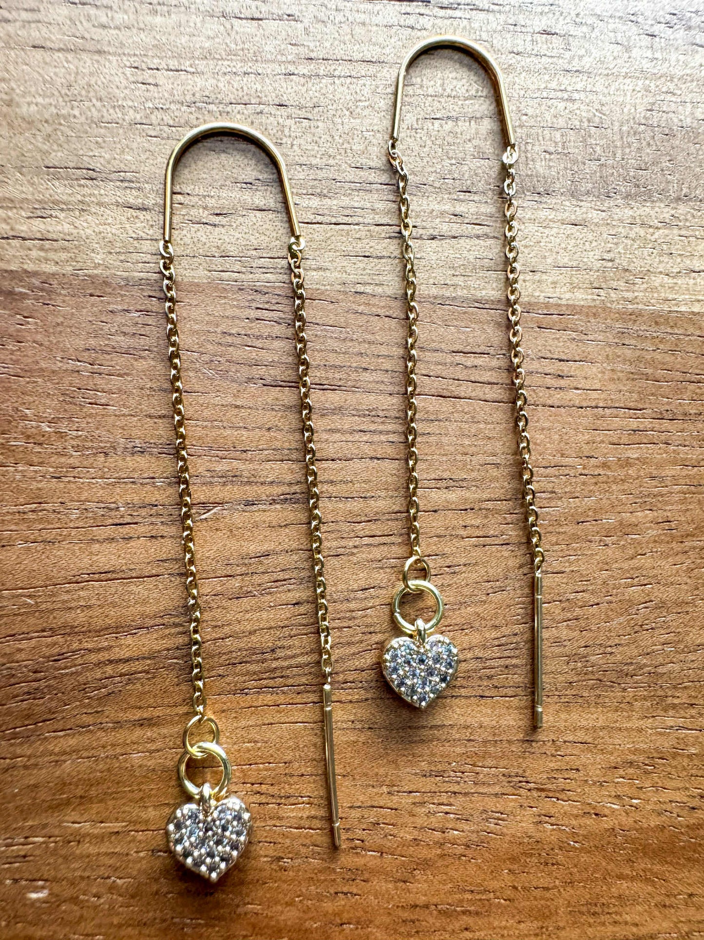 Gold Zircon Heart Threader Earrings