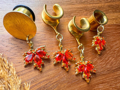 Gold maple leaf plug earrings with detailed autumn leaf dangles for stretched ears.