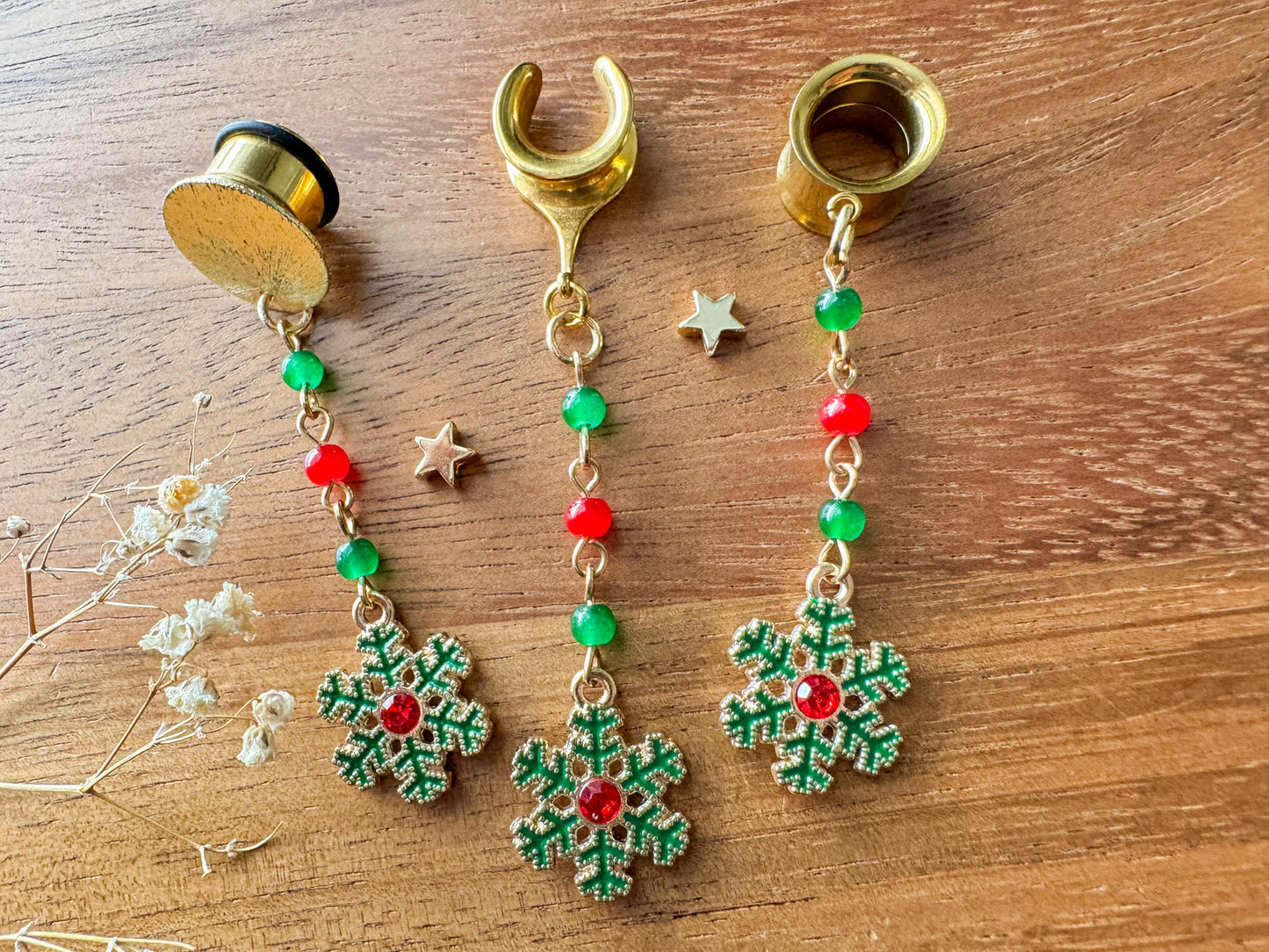 Gold Beaded Snowflakes Plug Earrings