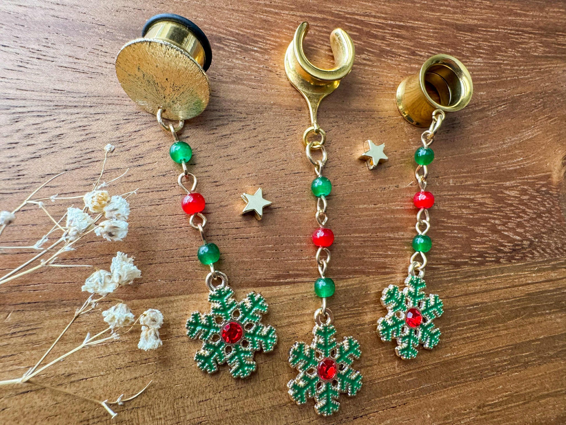 Gold Beaded Snowflakes Plug Earrings