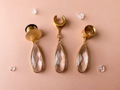 Gold Crystal Tear Drops Plug Earrings