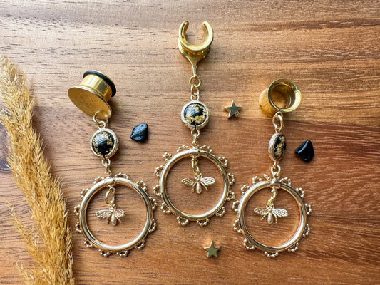Gold Decorated Hoops Ft. Bee & Foiled Black Jewel Plug Earrings