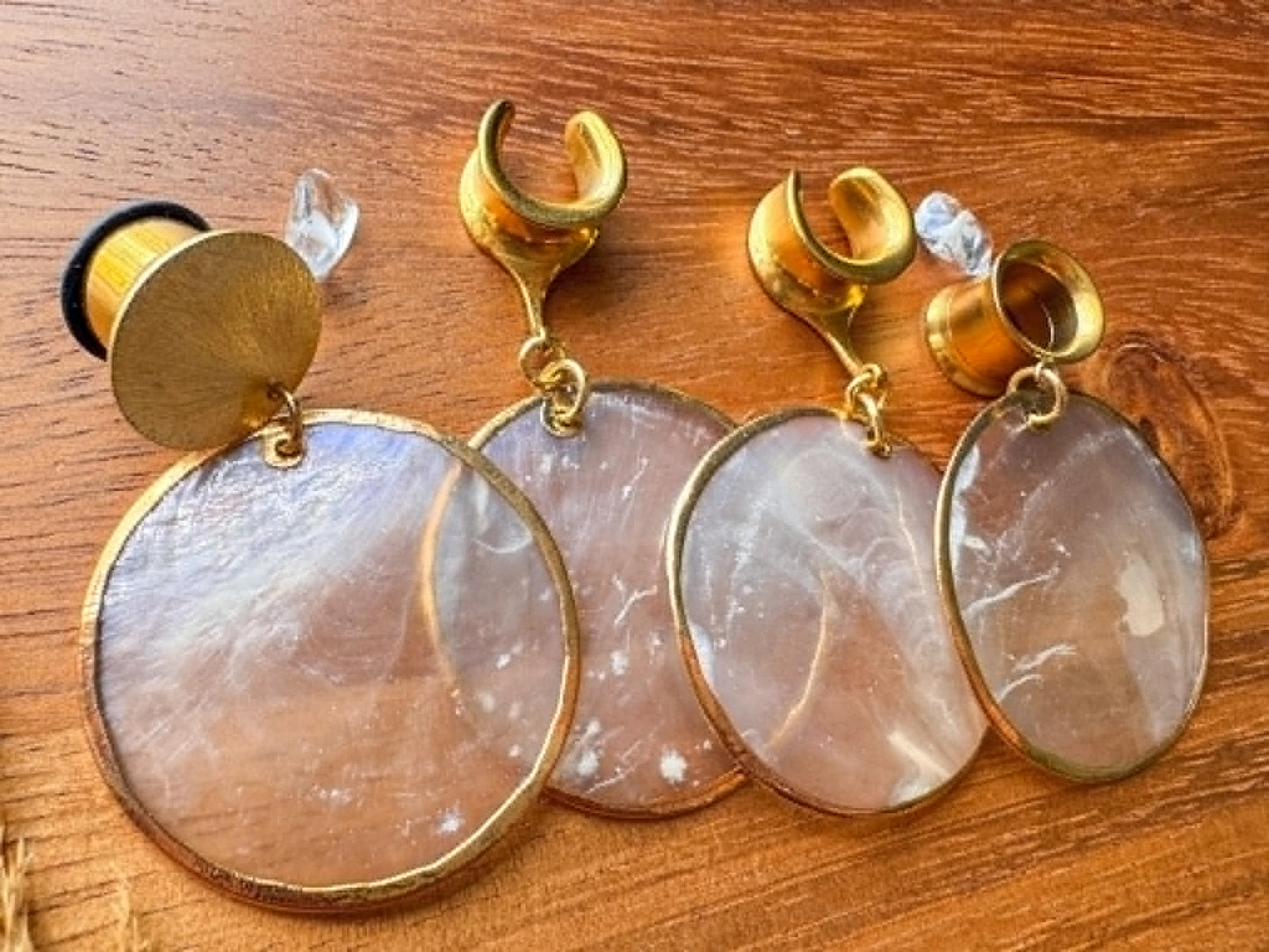 Gold Flat Pearl Dangles Plug Earrings
