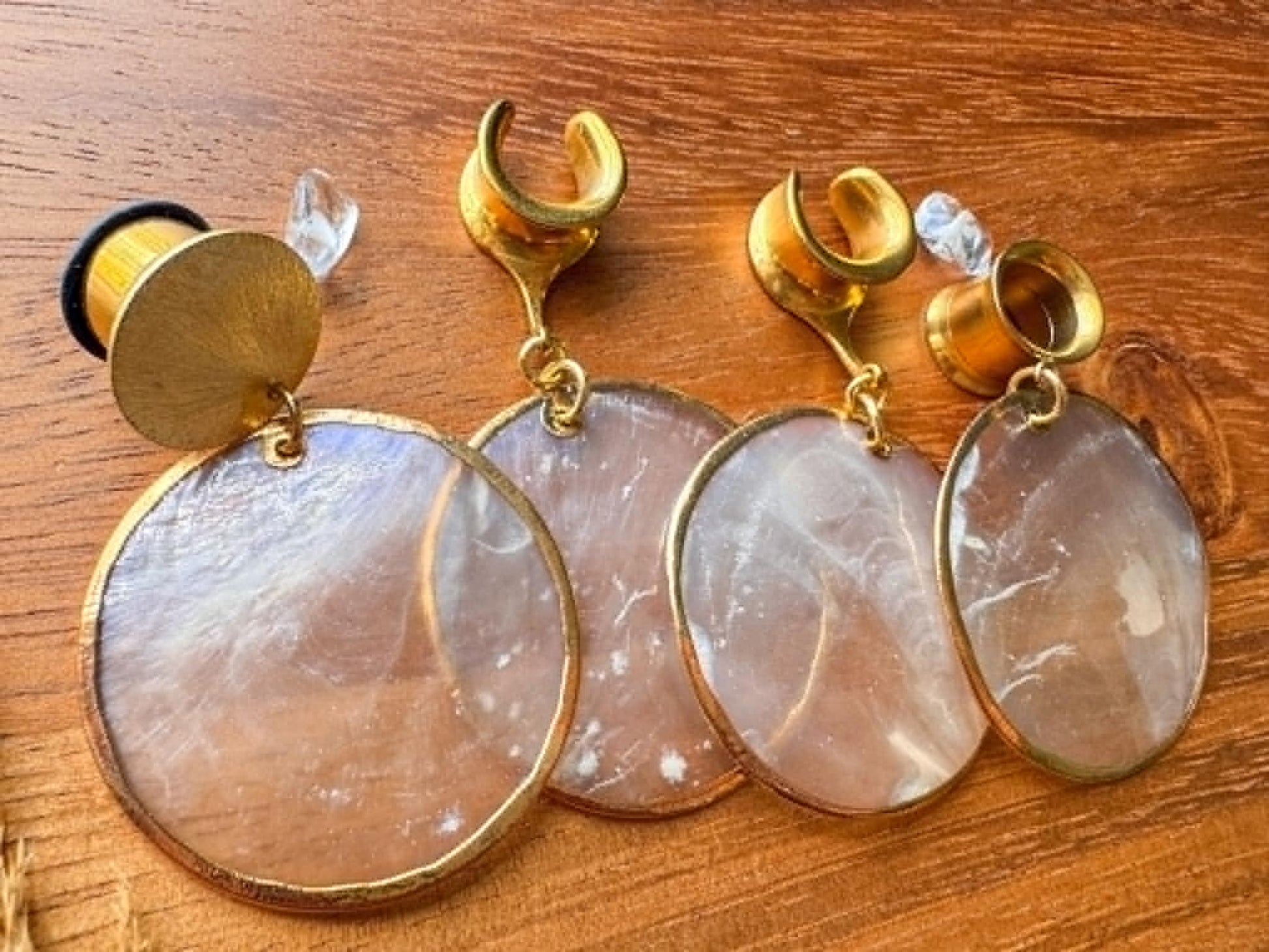Gold Flat Pearl Dangles Plug Earrings
