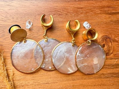Gold Flat Pearl Dangles Plug Earrings