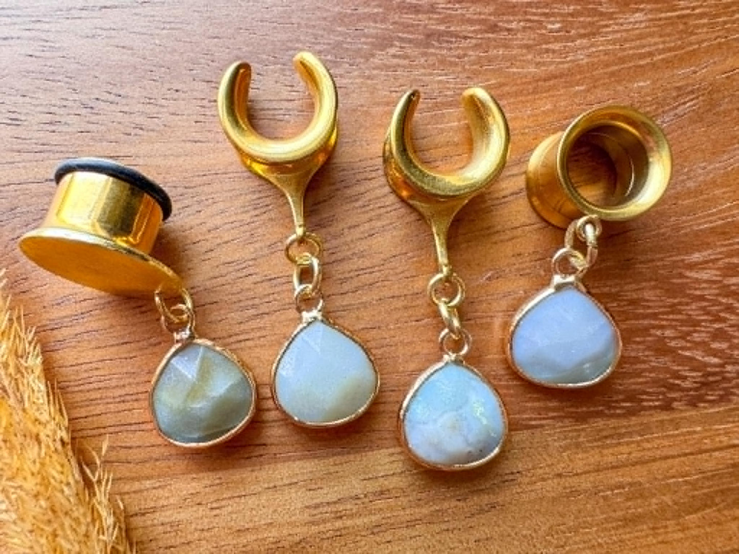 Gold Framed Amazonite Stones Plug Earrings
