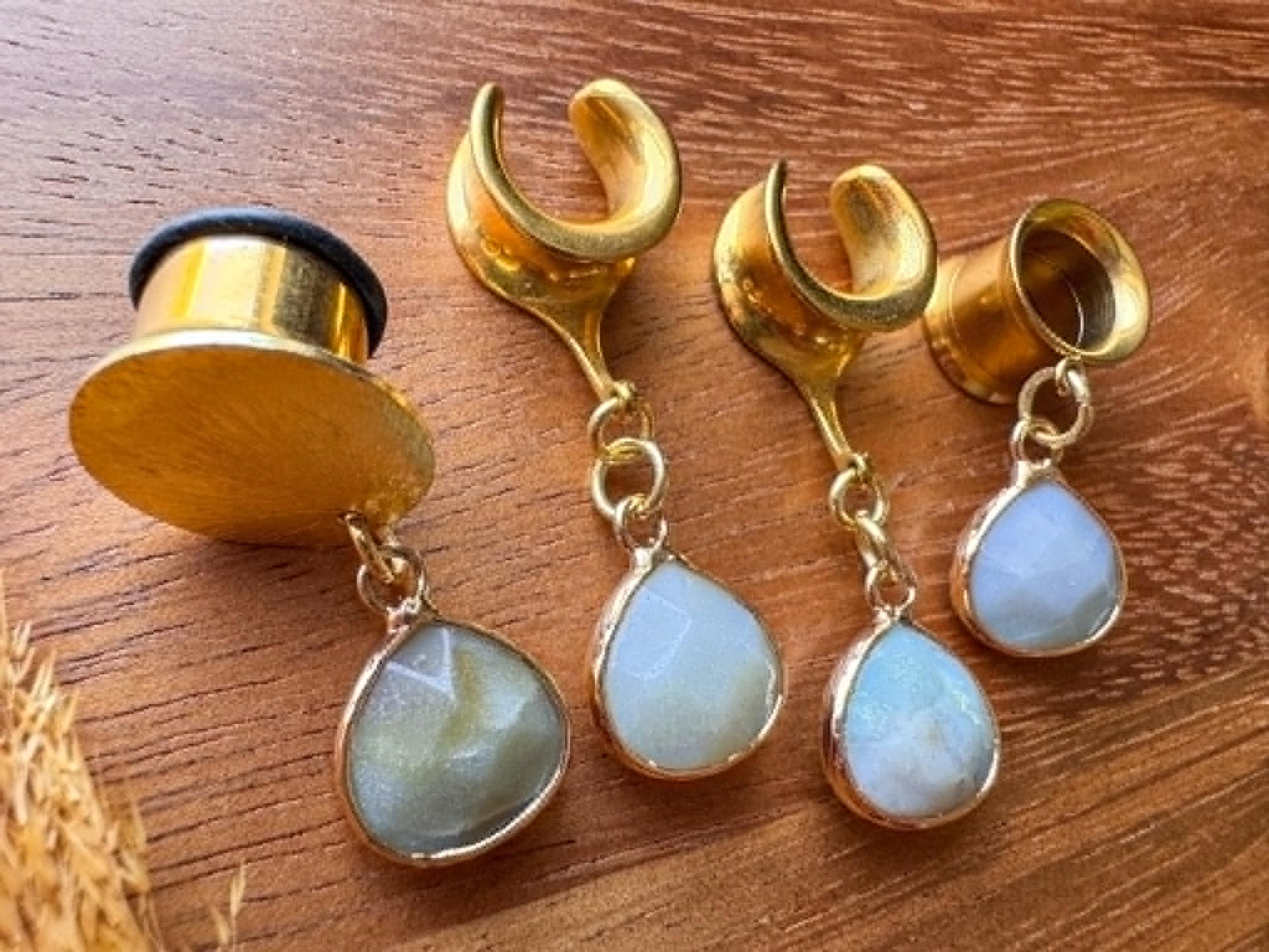 Gold Framed Amazonite Stones Plug Earrings