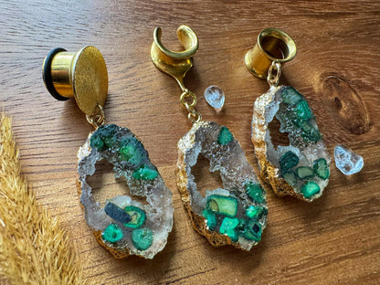 Gold & Green Druzy Dangles Plug Earrings